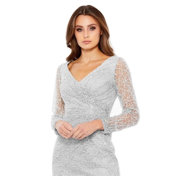 Mac Duggal long sheer sleeves V neck midi dress - Picture 7 of 15